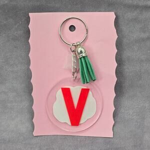 Letter‎ Keychain Clear Silver Circle Handmade Acrylic Tassel Flower V Green
